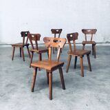 French Folk Art Rustic Dining Chair Set in Oak, 1940s, Set of 6