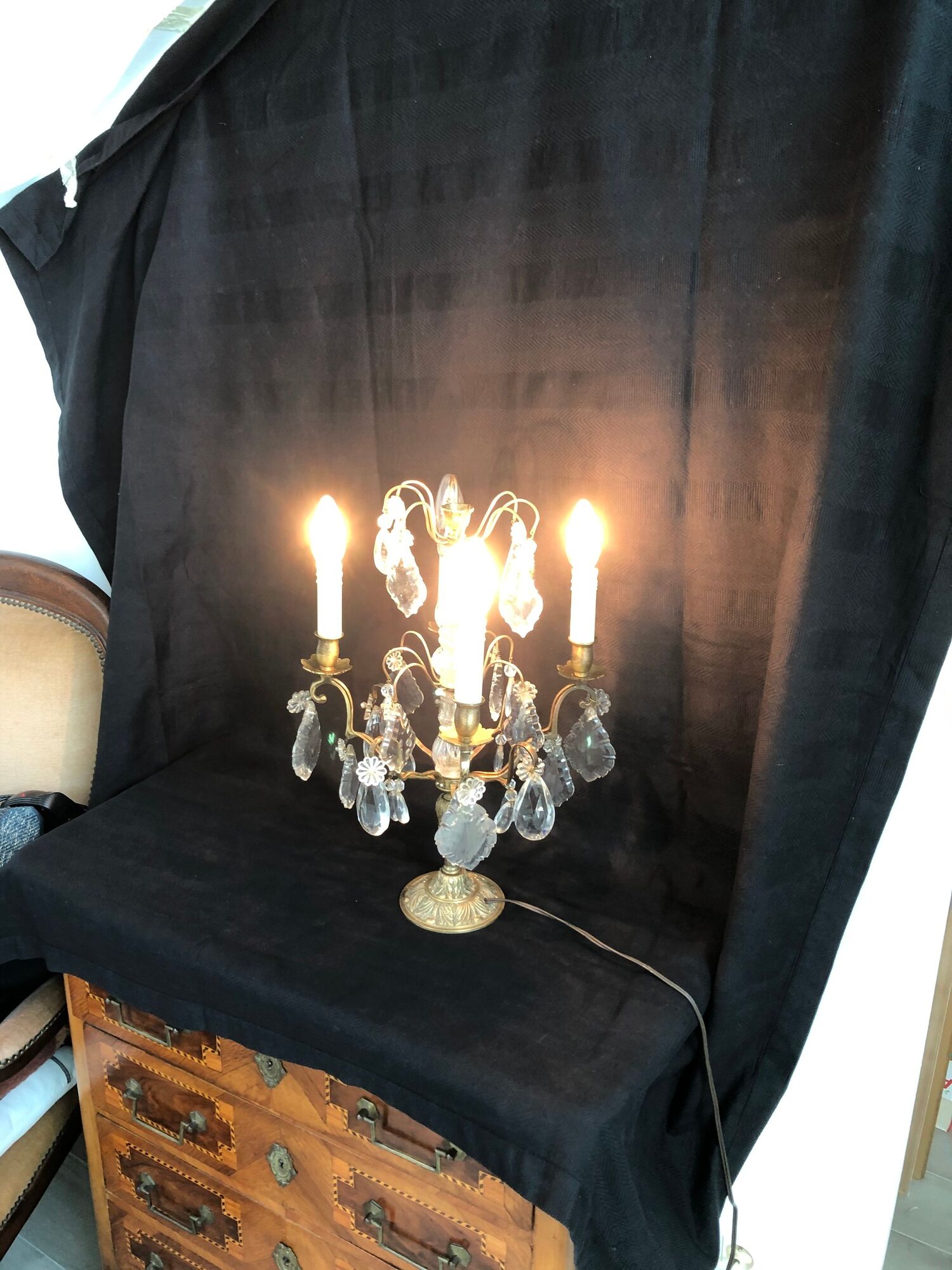 Golden brass girandole - 4 arms of lights - stamps and fleurettes in cut crystal