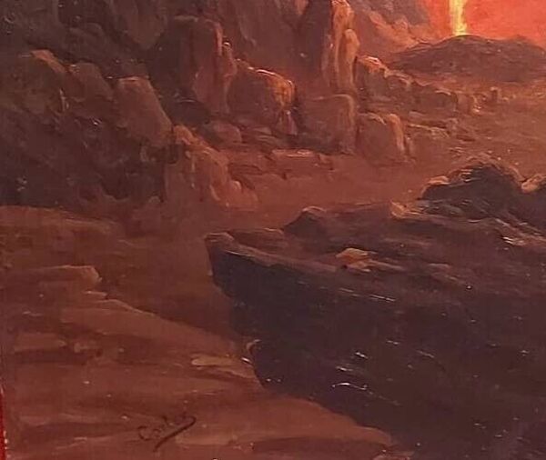 Tableau Original Ancien Paysage 19ème siècle Volcan en éruption