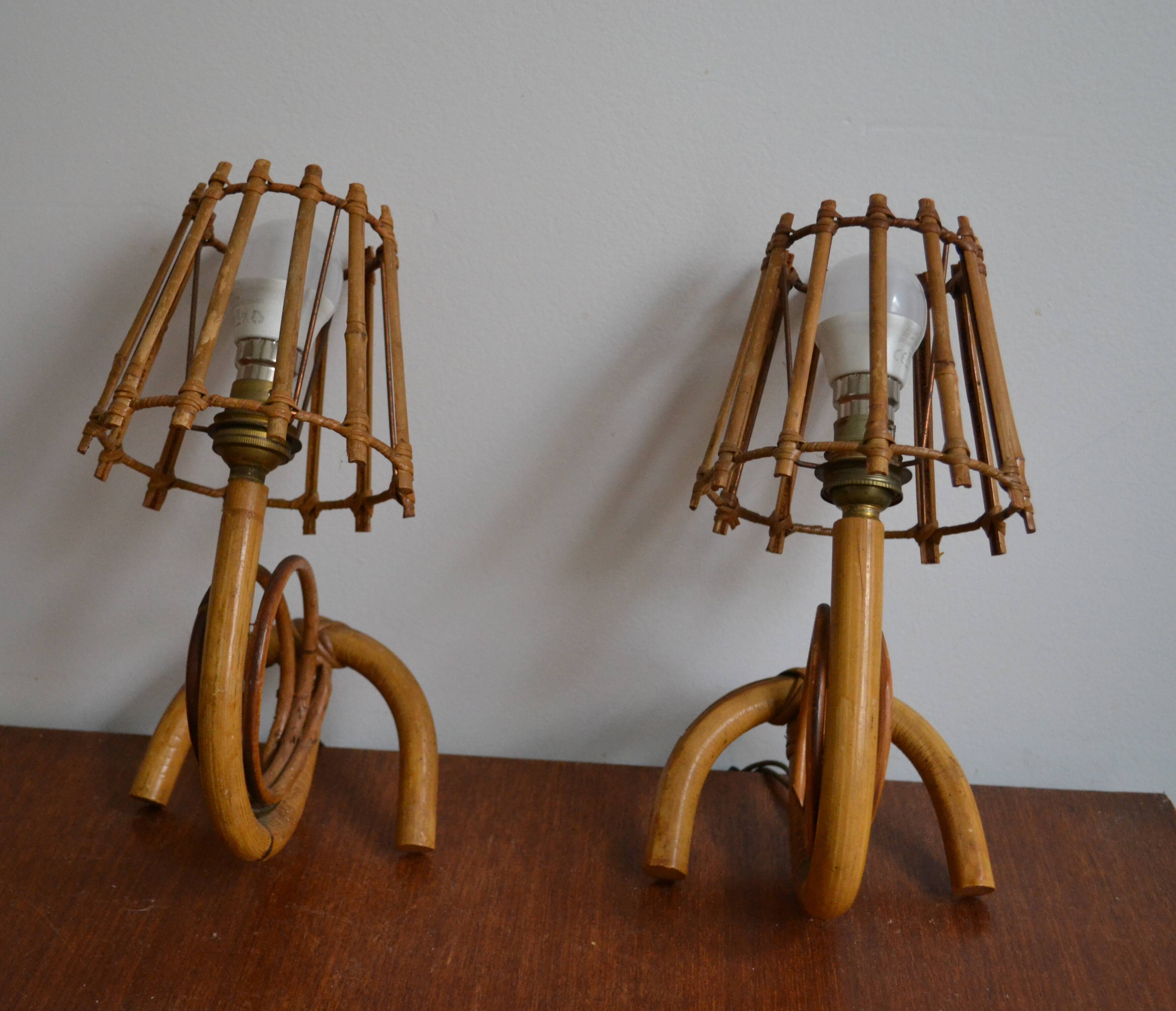 Pair of rattan wall lamps 70s Louis Sognot