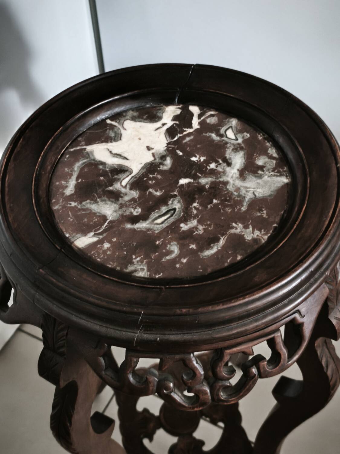 Antique Indochinese style pedestal - carved wood and marble