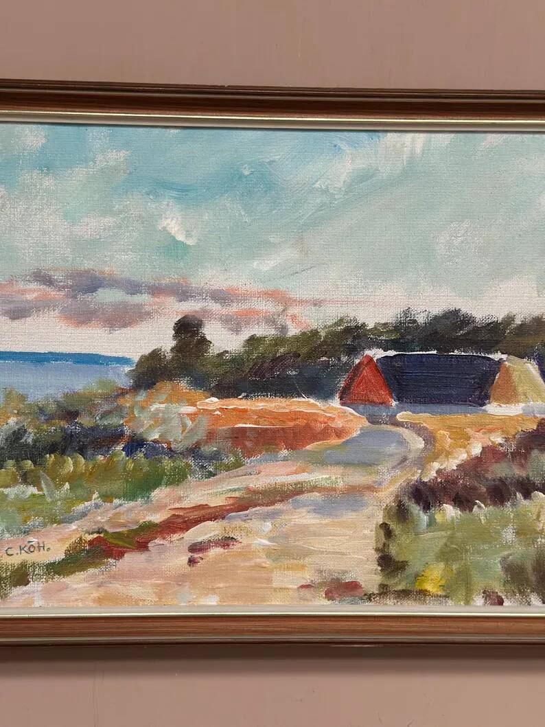 Original Swedish Oil on Canvas - 'Beach House in a Grove' by Carl Köhler - Signed - Vintage and Framed - 38 × 30 cm