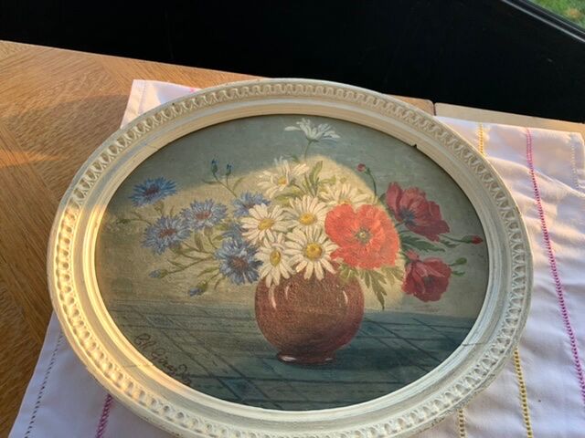 Tableau ancien bouquet de fleurs anémones encadré et signé Ch. Girardin