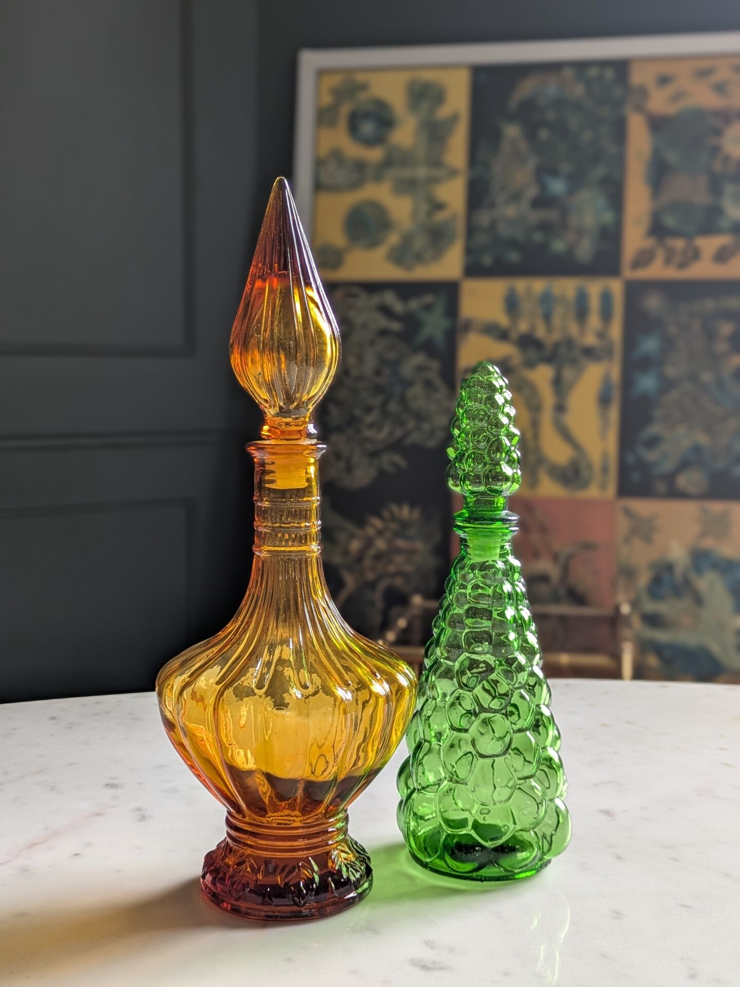 Pair of vintage Empoli style carafes from the 70s.