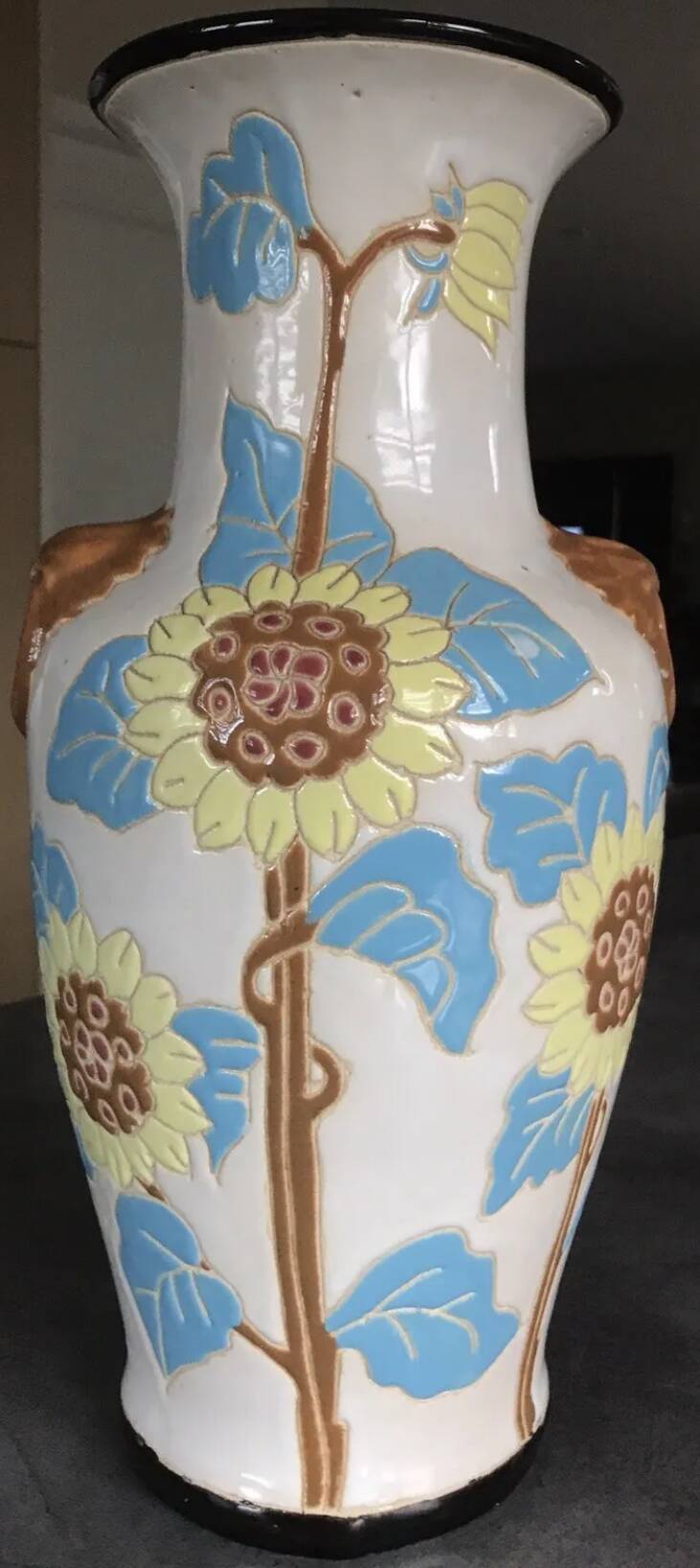 Glazed ceramic vase with polychrome decoration of sunflower flowers 36 cm