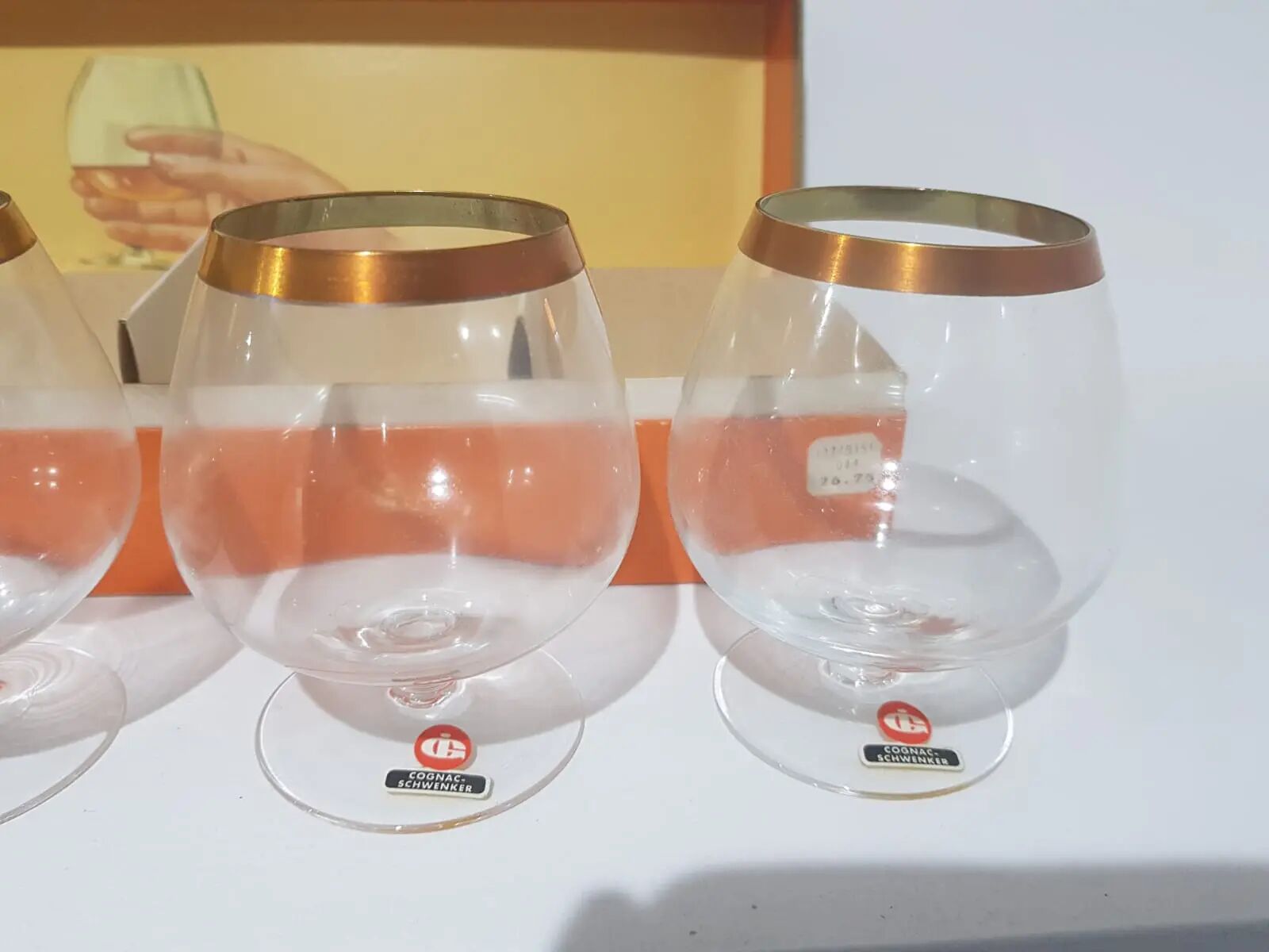 Set of 6 cognac glasses, clear glass, gilding / Austria / 1960s.