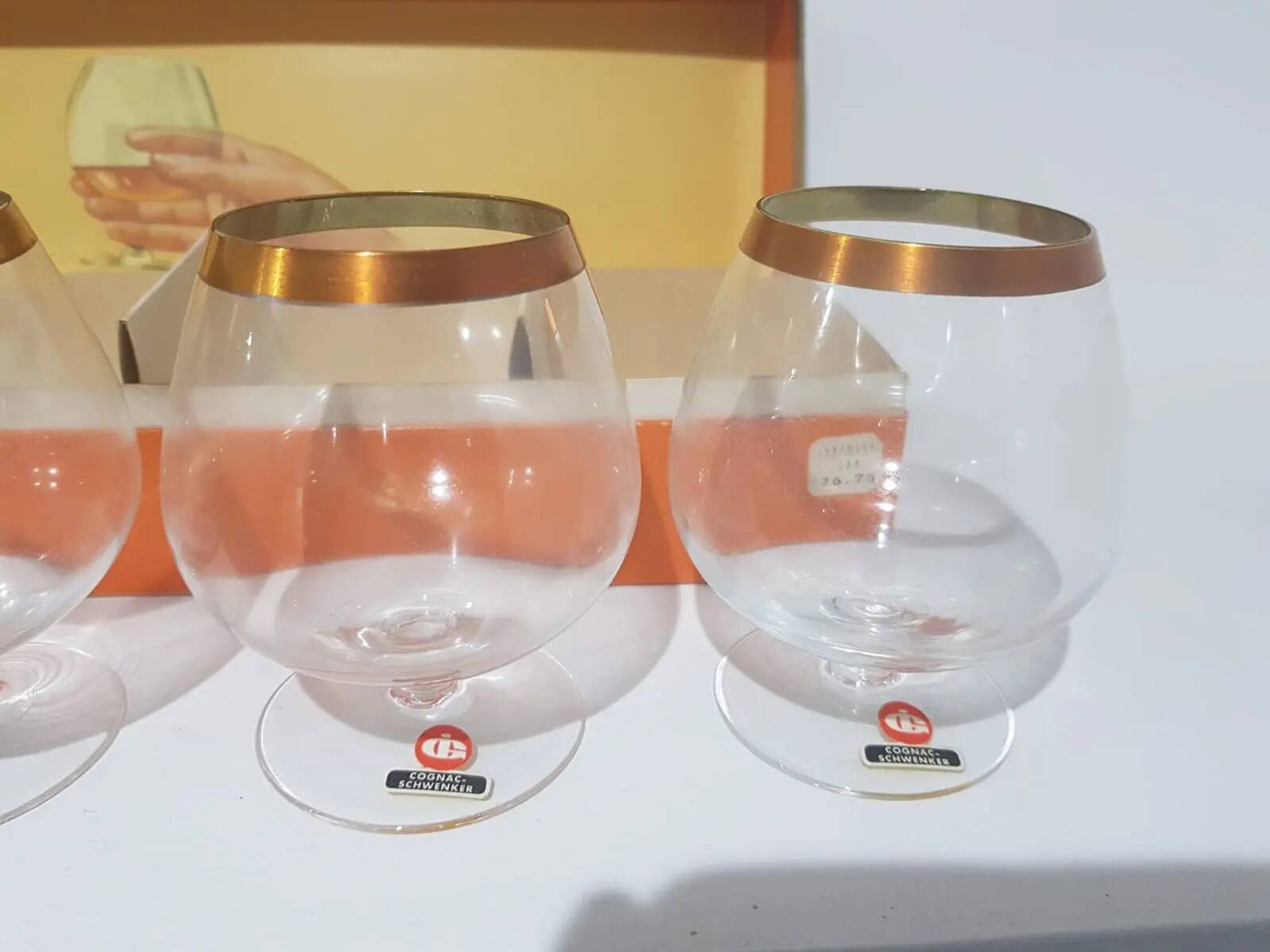 Set of 6 cognac glasses, clear glass, gilding / Austria / 1960s.