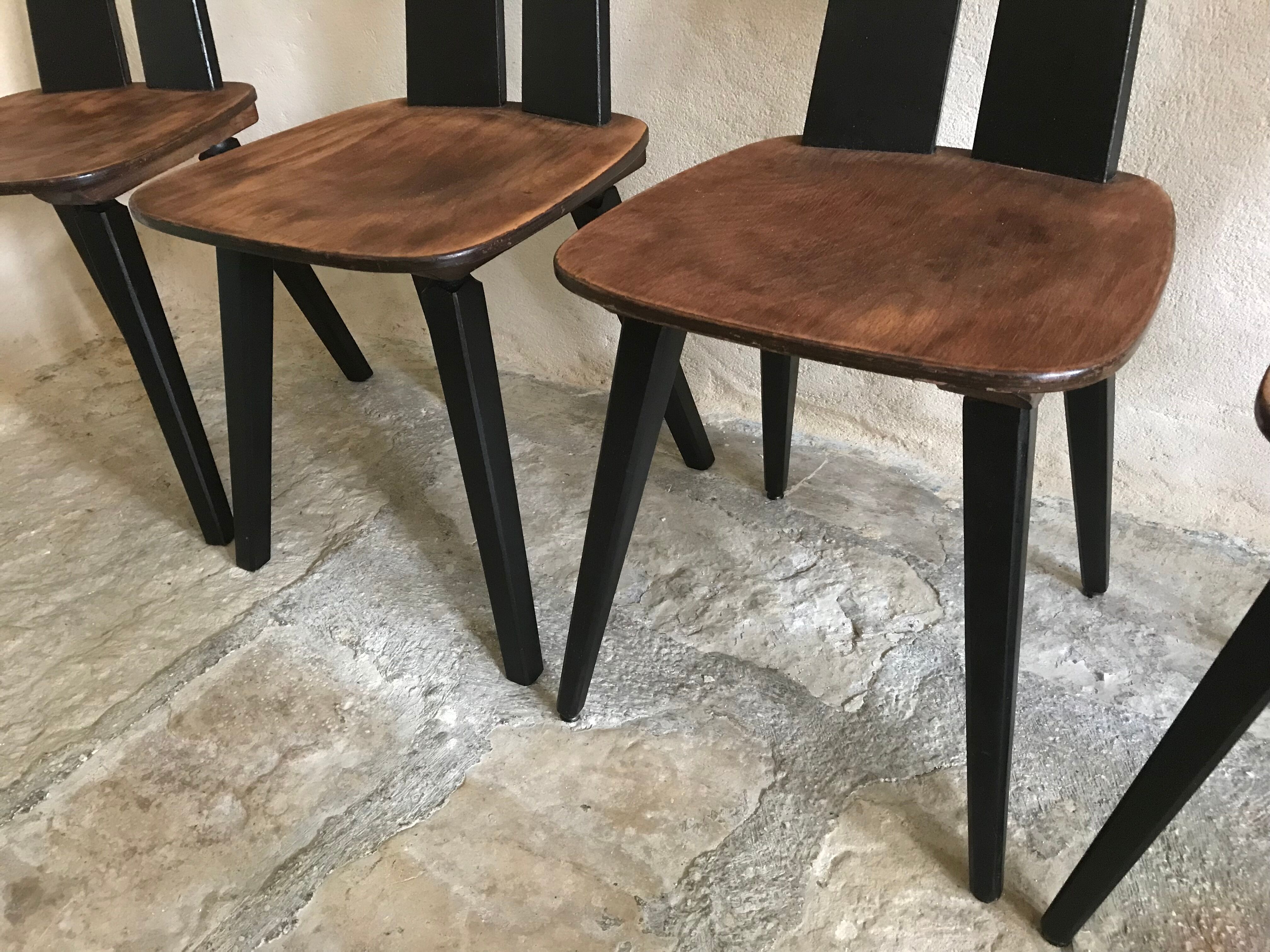 Set of 4 vintage brutalist chairs in beech 1960's