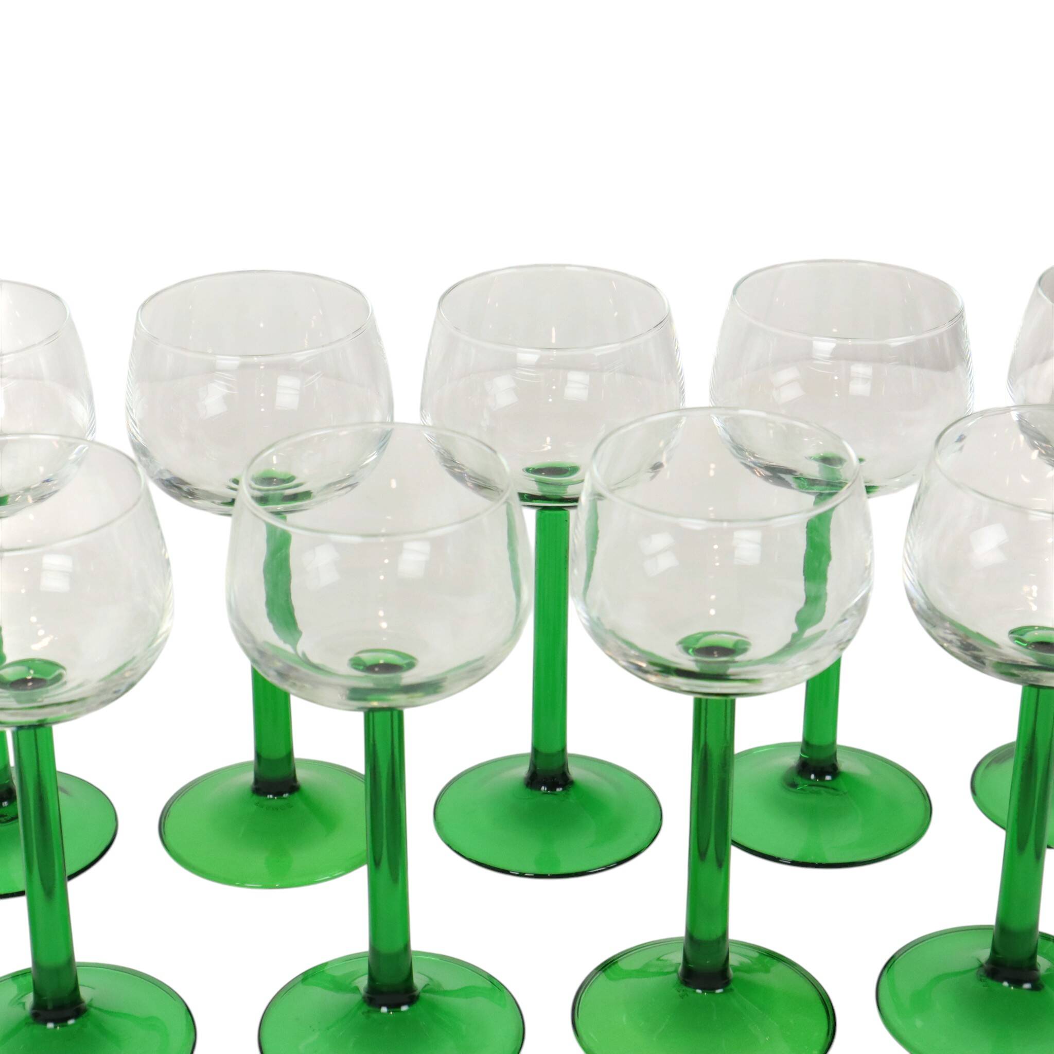 Set of 10 Vintage Luminarc Alsace Wine Glasses Thick Green Stems