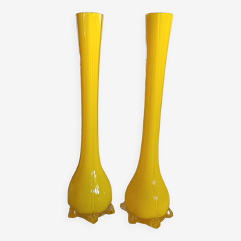 Pair of antique glass vases, yellow interior - height 35 cm