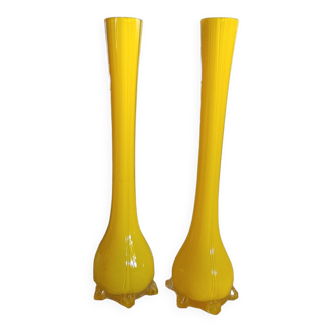 Pair of antique glass vases, yellow interior - height 35 cm