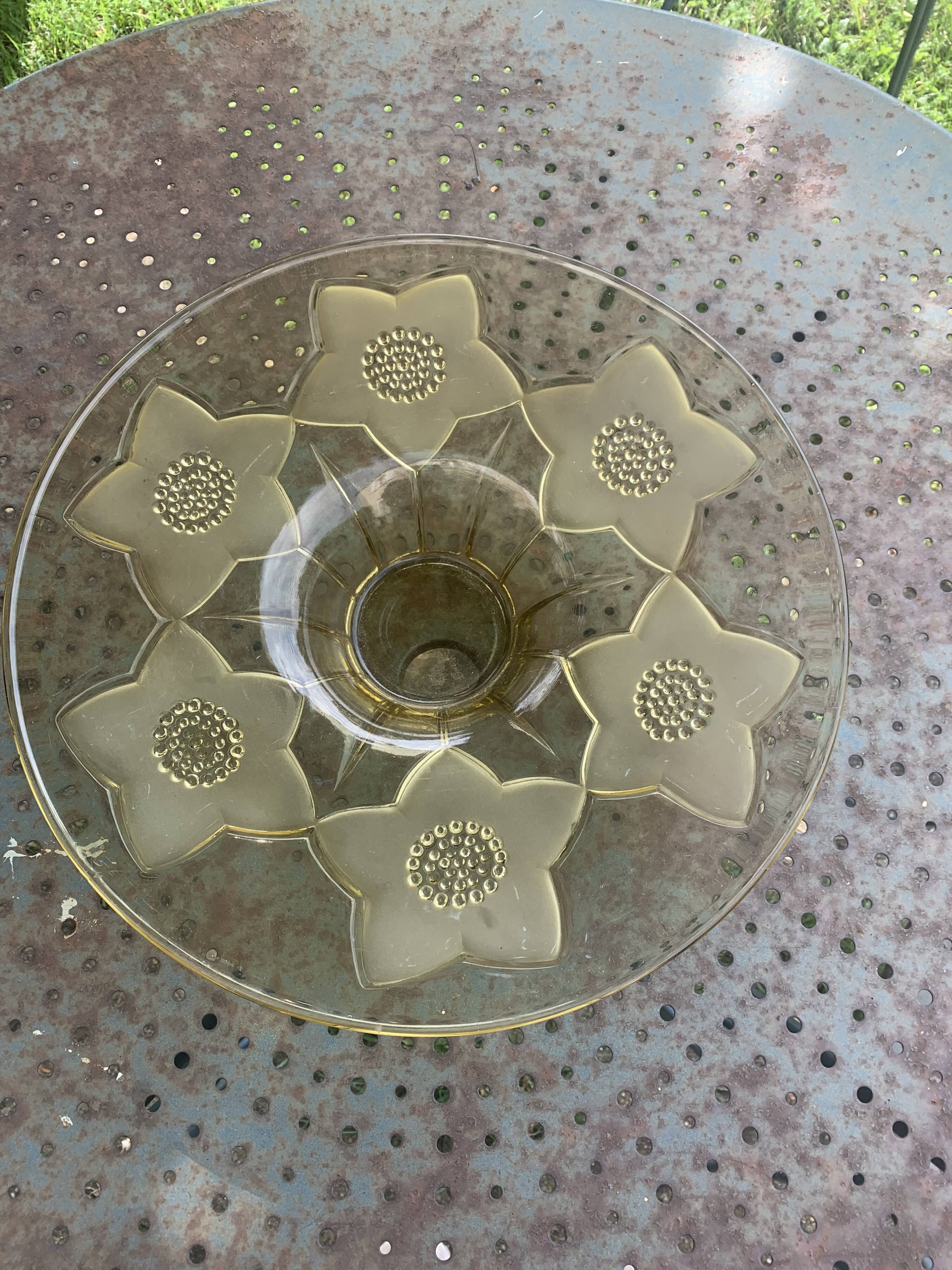 Large glass and frosted glass fruit bowl, yellow, floral pattern