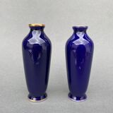 Pair of 1900 Limoges vases with blue background and gold highlights, R. Rosier decorations