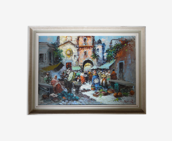 Scène de marché napolitain, huile sur toile 81 x 61 par Giovanni GUIDOTTI
