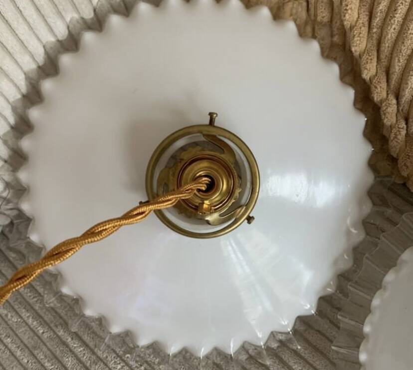 Old pairs of vintage white opaline pendant lights