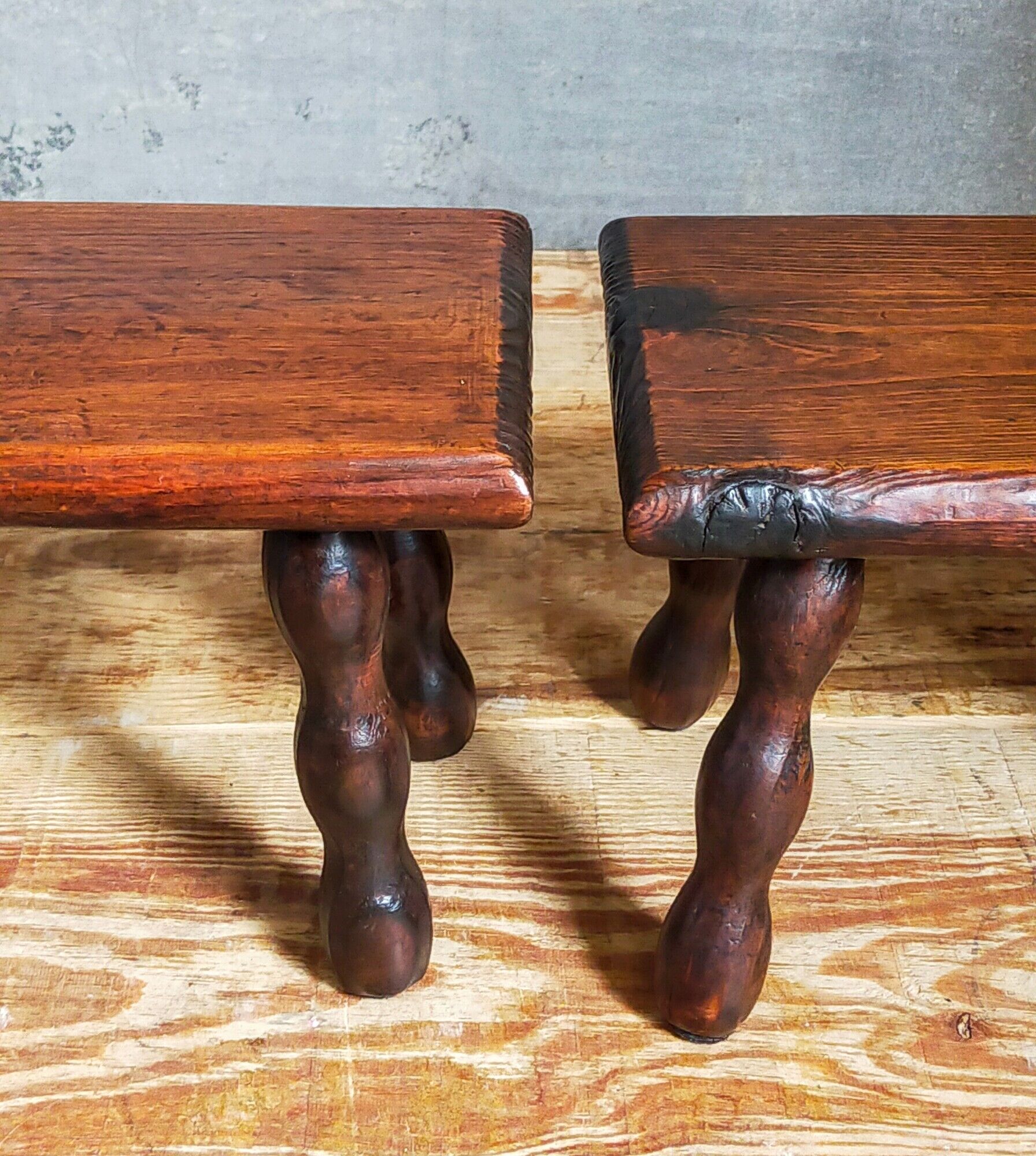 Pair of vintage solid turned wood footstools