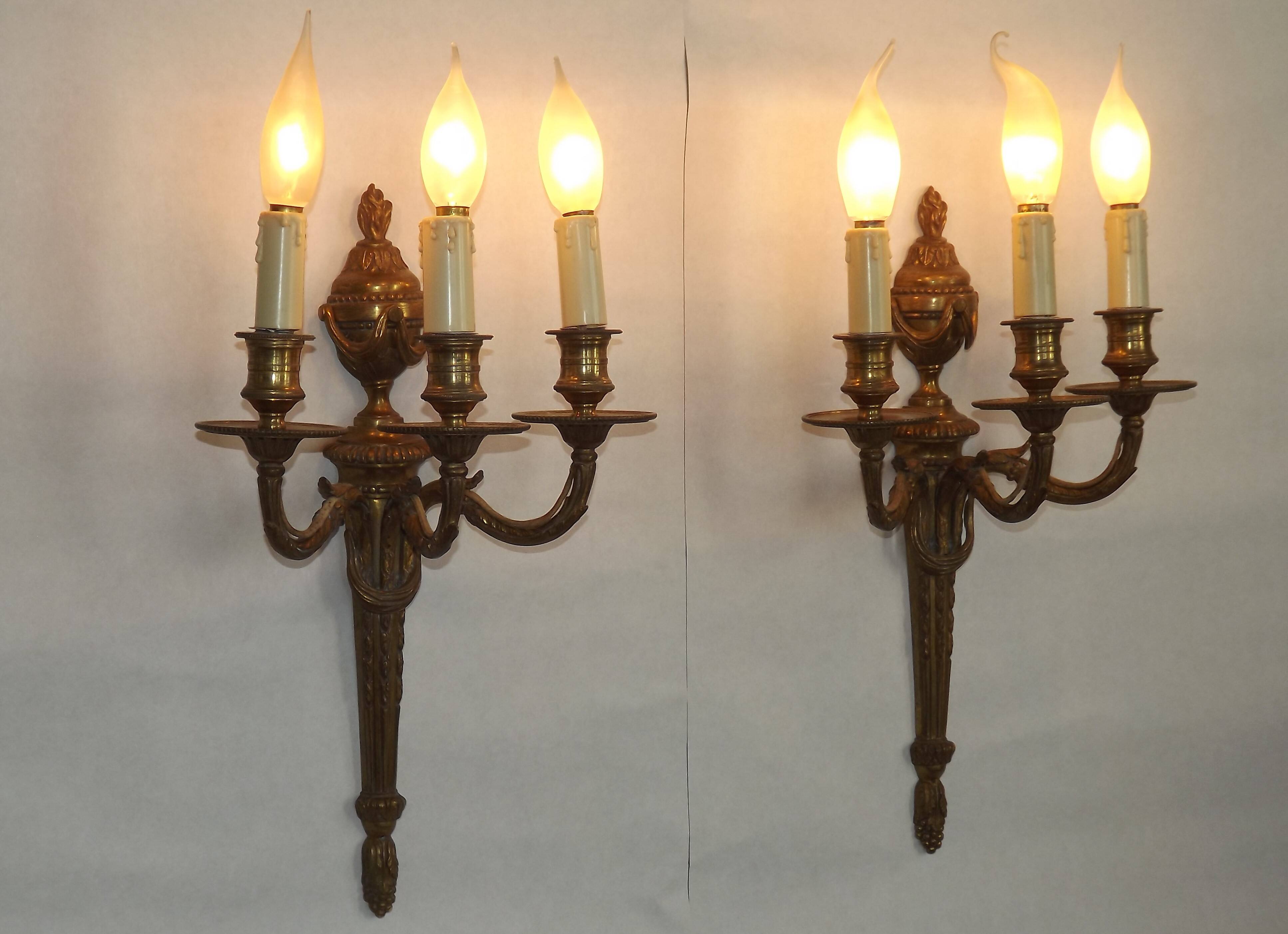 Magnificent Pair French Antique Bronze Triple Wall Lights Urn & Swag Detail