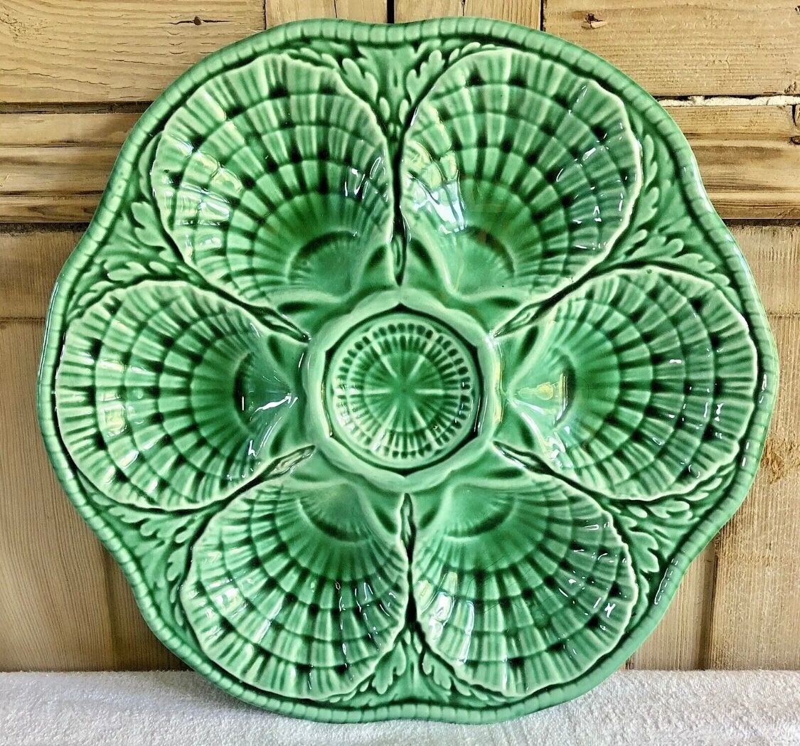 7 old oyster plates Sarreguemines green slurry