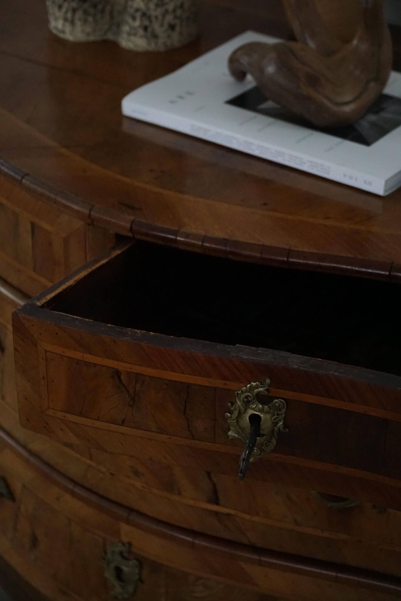 18th century, antique Danish baroque serpentine chest of drawers in walnut.