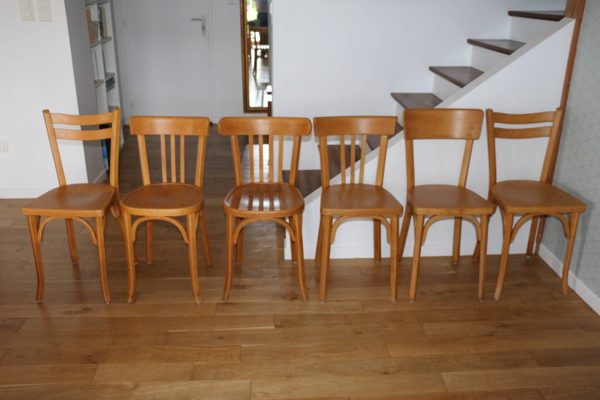 Set of 6 Baumann chairs, light beech, 1960