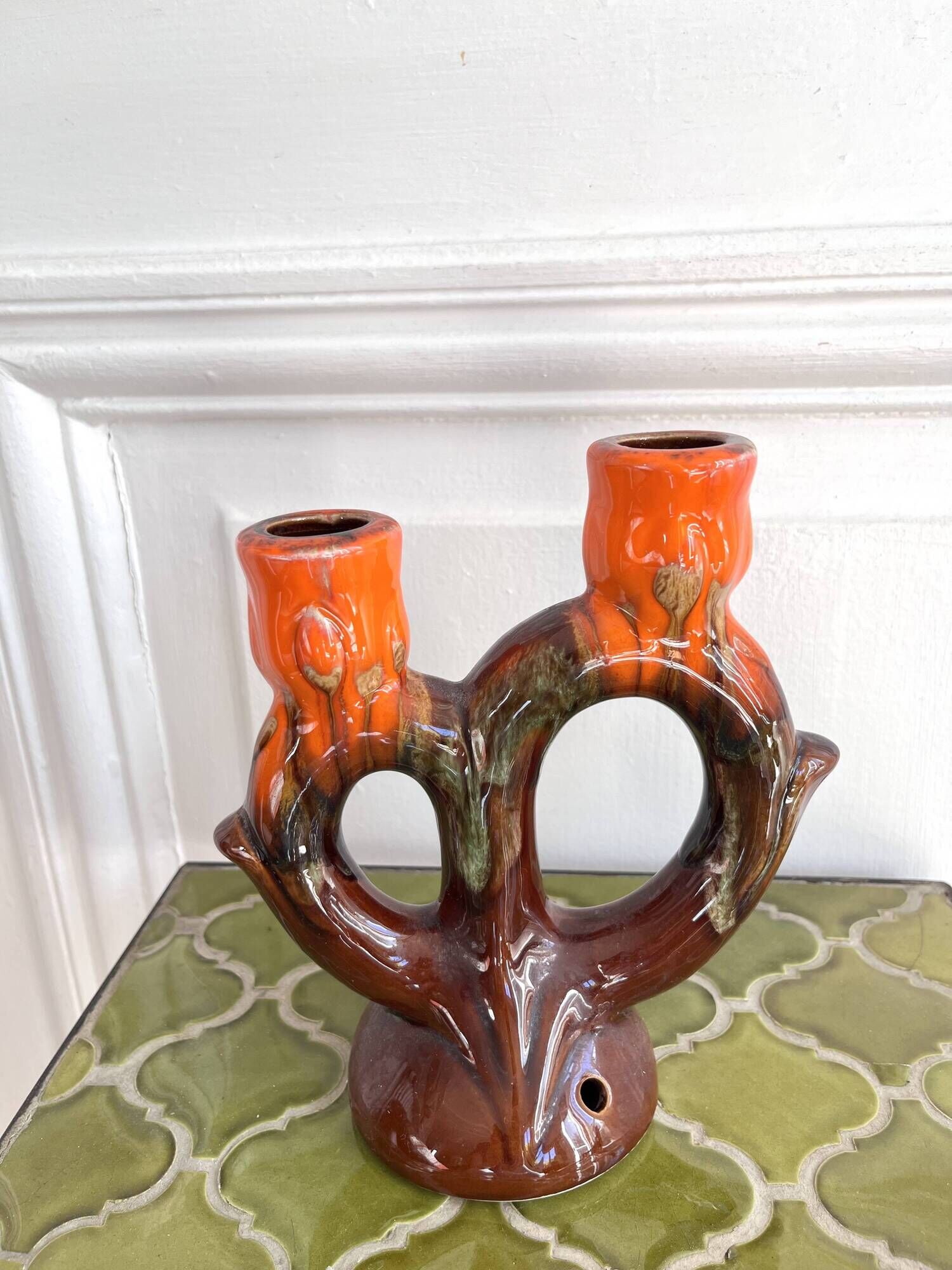 1960s ceramic two-branch candlestick chandelier