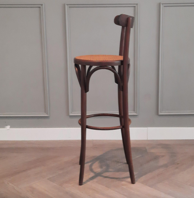 Set of 3 curved wooden bar stools with rattan seat 70s 80s