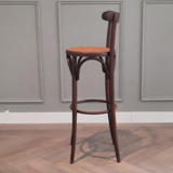 Set of 3 curved wooden bar stools with rattan seat 70s 80s