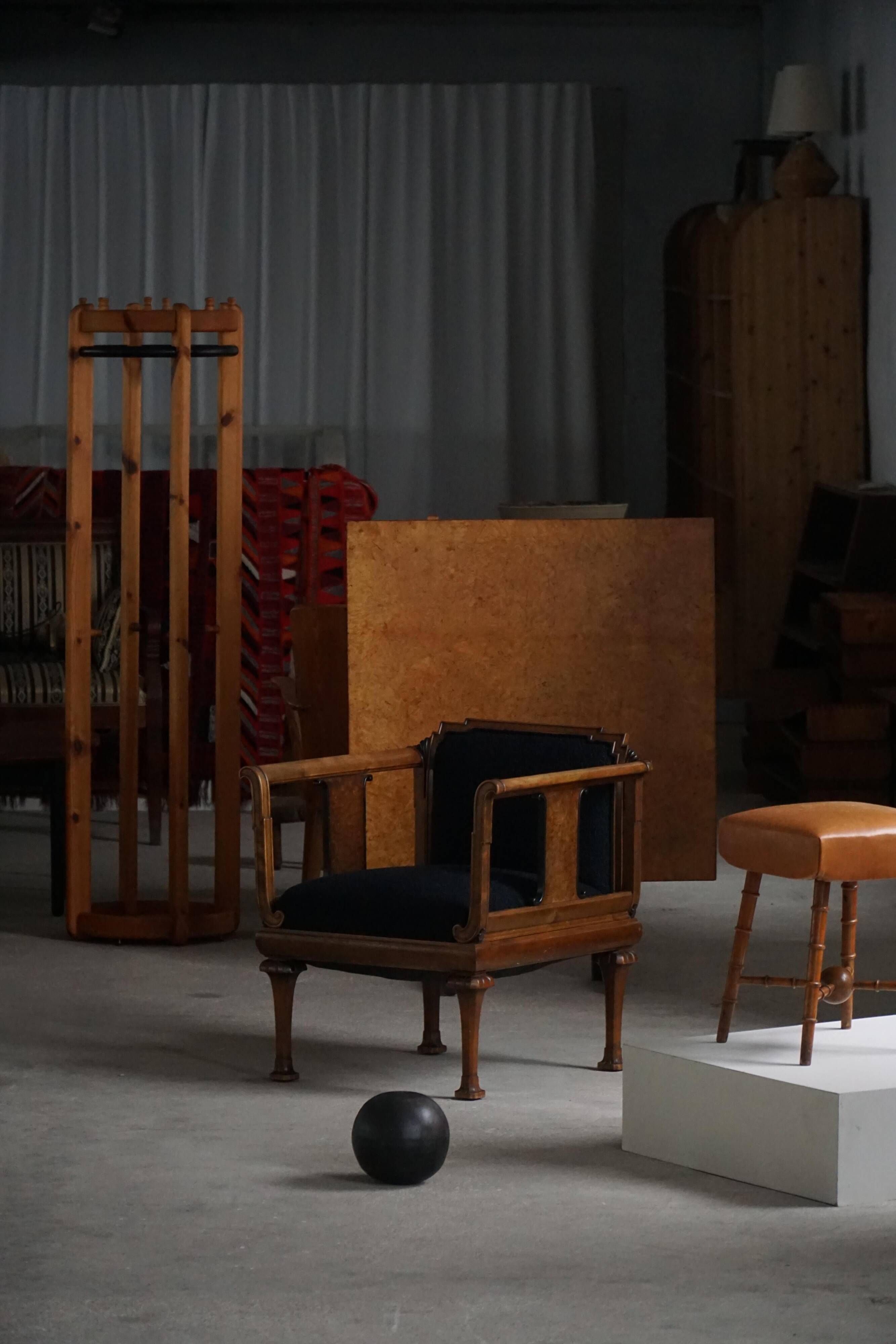 Early 20th century Danish Art Nouveau armchair, reupholstered in charcoal boucle.