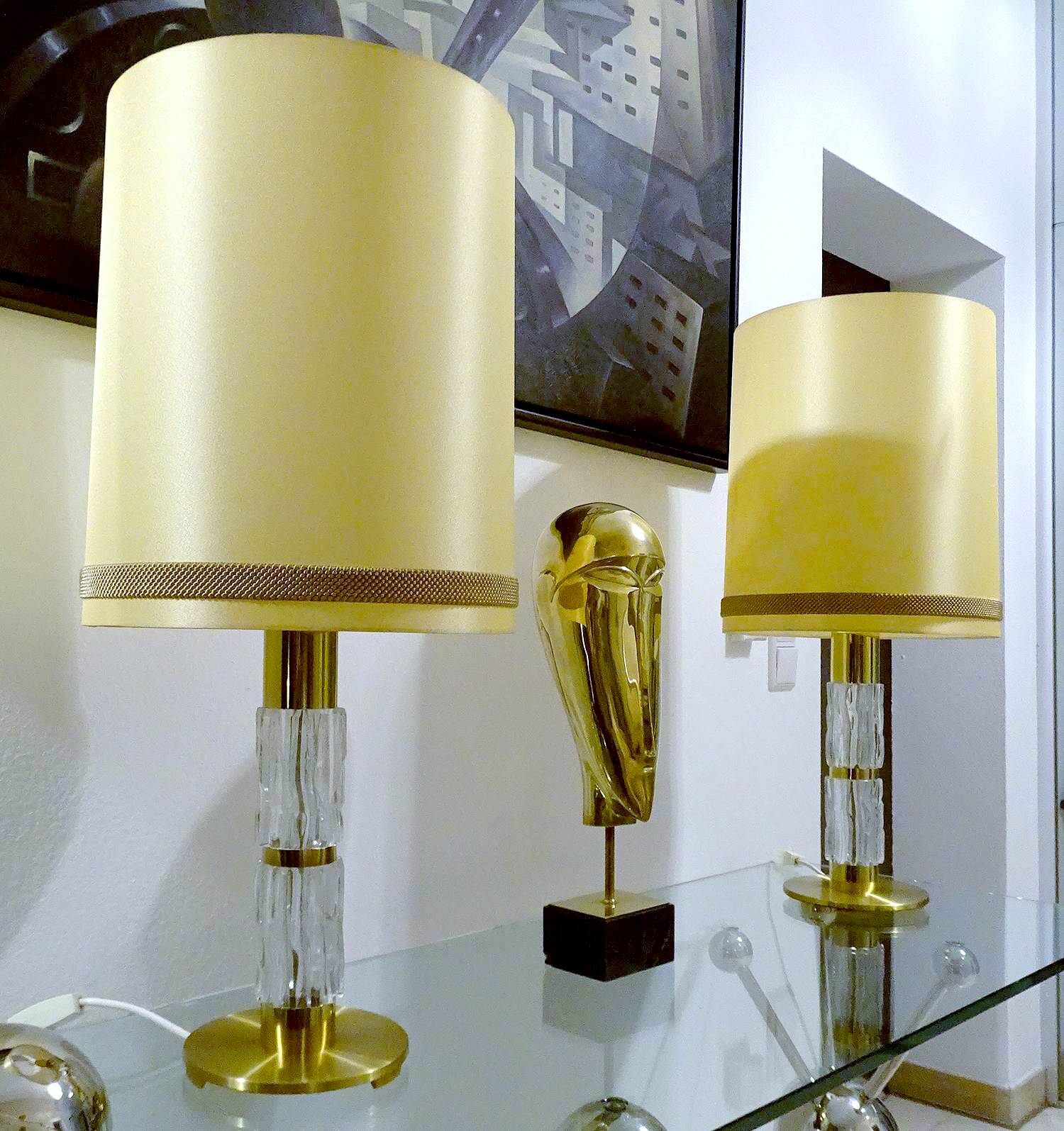 Pair Large Vintage Lamps, Glass & Brass
