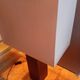 Tall cubic brown leather lamp, light gray fabric lampshade