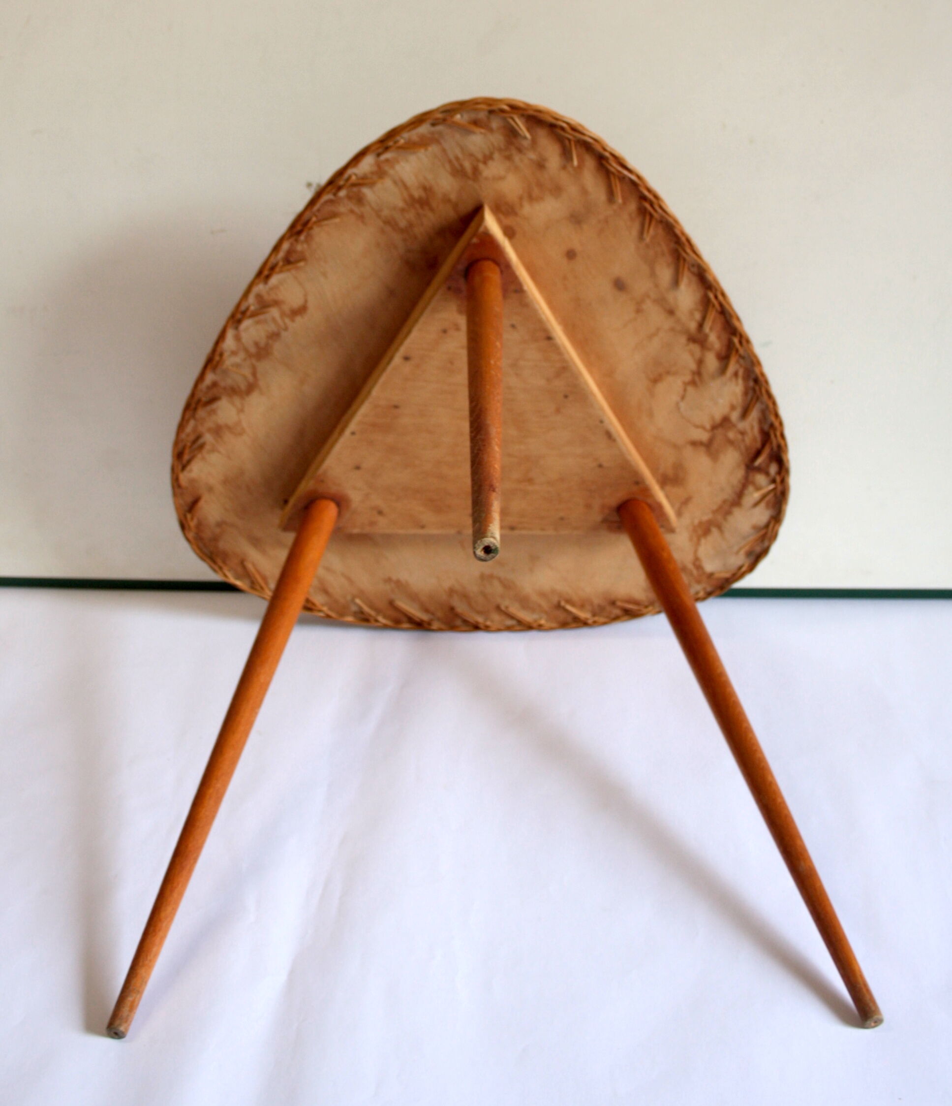 60s wood and rattan tripod coffee table