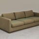 Pierre Frey modernist bench in green and gold patterned fabric