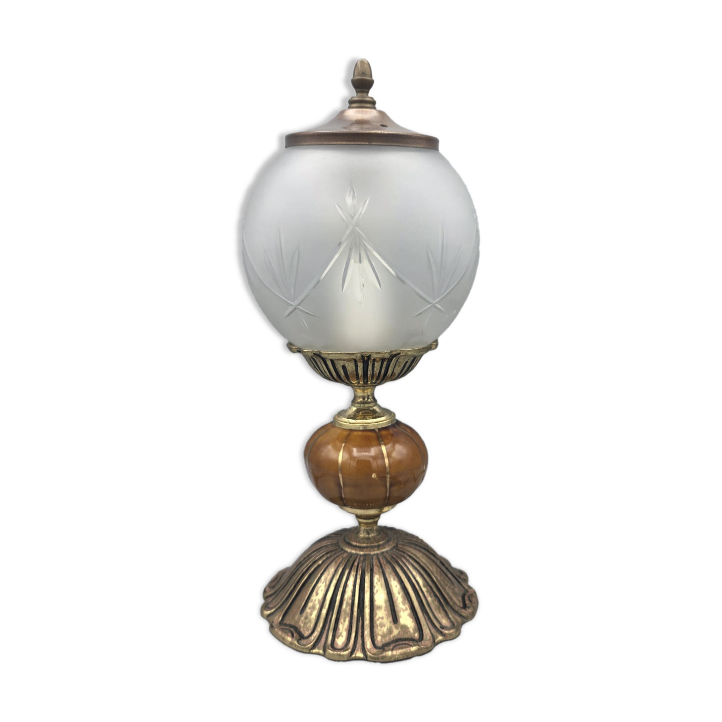 Hollywood Regency bedside lamp in gold metal with a glass globe.