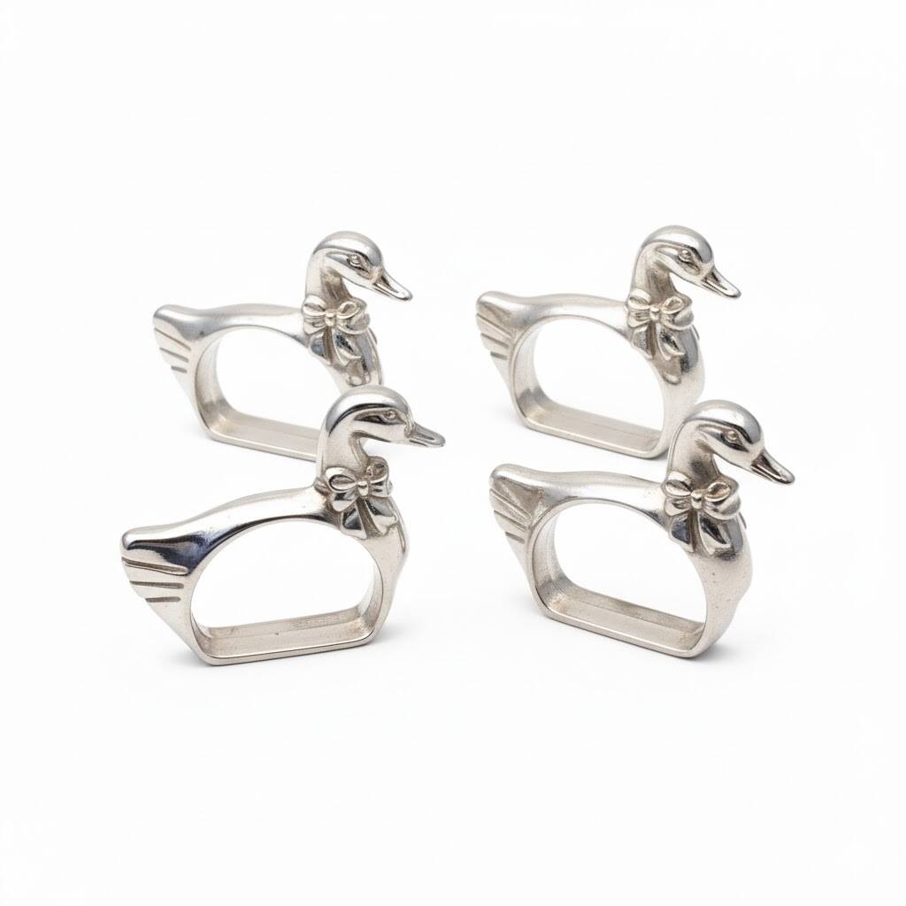 Four silver-plated napkin rings in the shape of a duck/goose