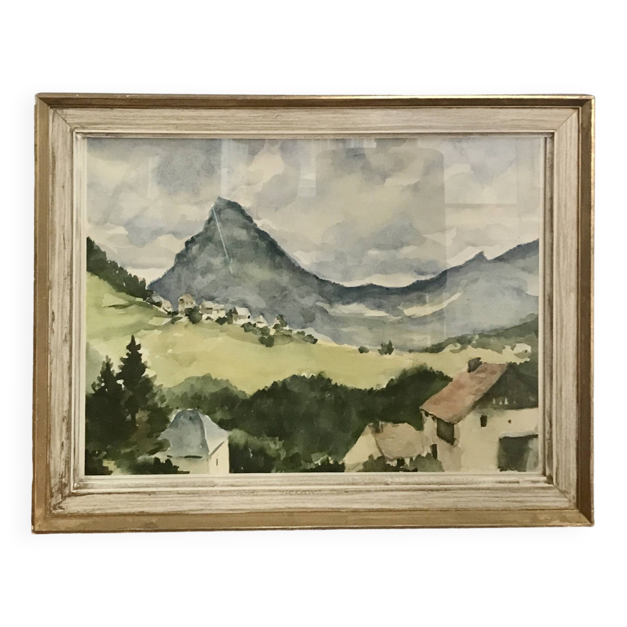 Watercolor framed under glass countryside landscape