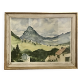 Watercolor framed under glass countryside landscape