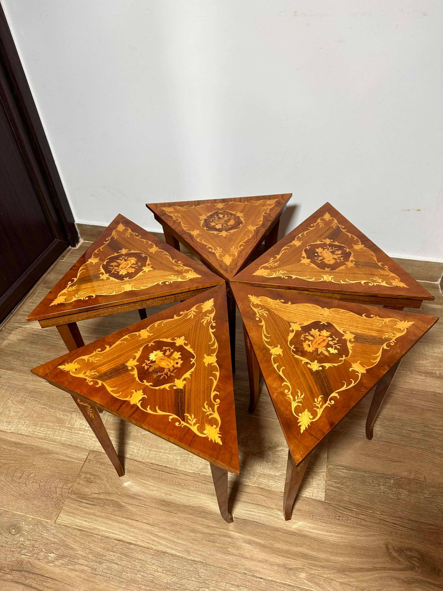 Italian Marquetry Five Piece Triangle Table