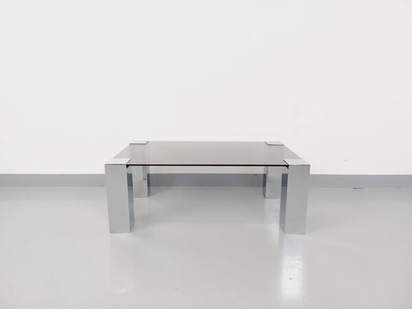 Table basse italienne vintage cidue en verre fumé et métal chromé des années 70