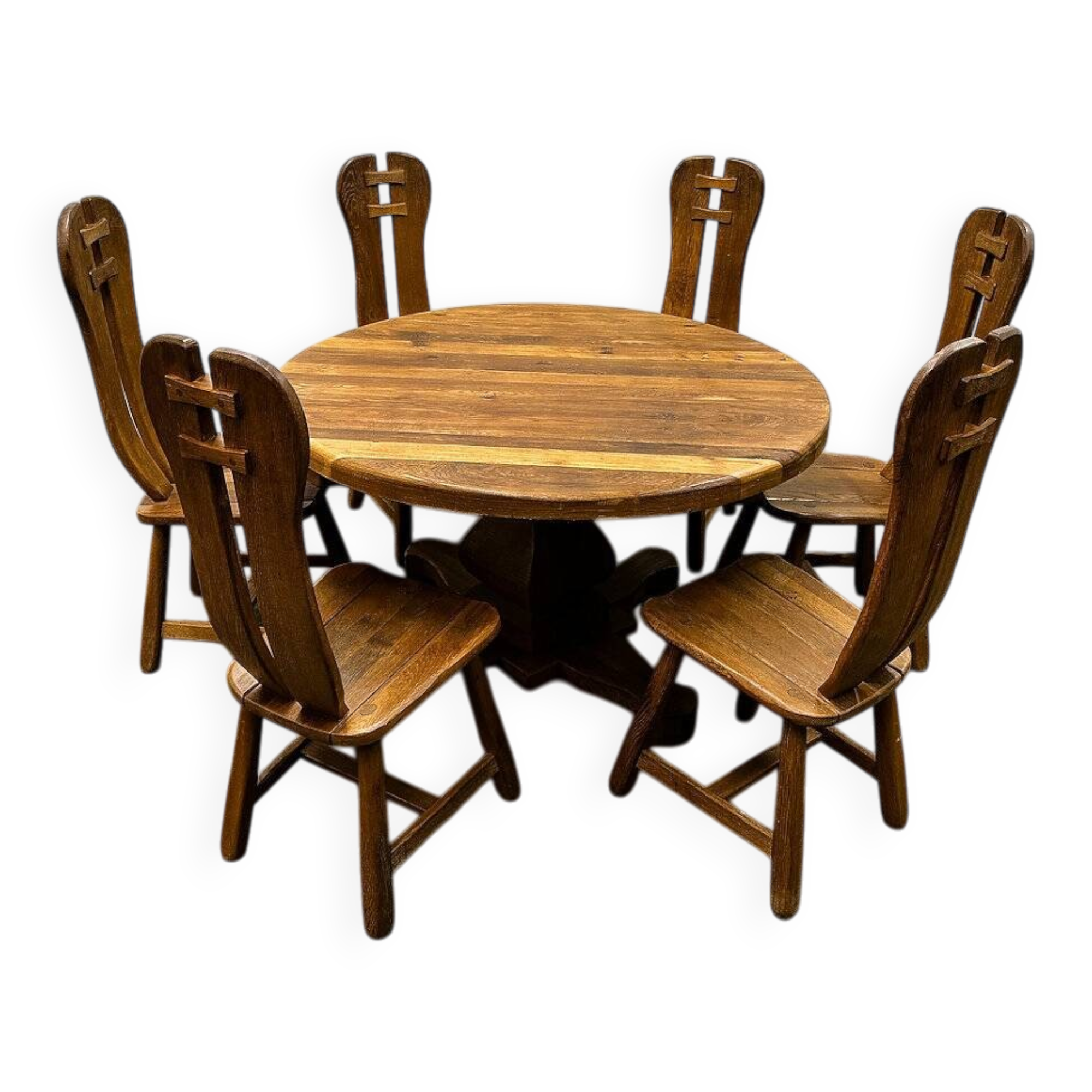 Rare majestic Depuydt brutalist oak dining set/chairs/table– Belgium, 1970s