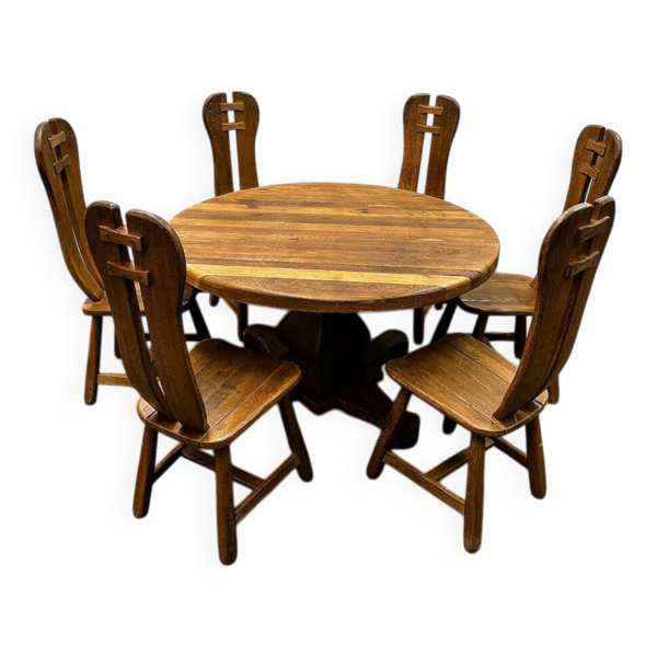 Ensemble de salle à manger/chaises/table Depuydt en chêne brutaliste, rare et majestueux – Belgique, années 1970