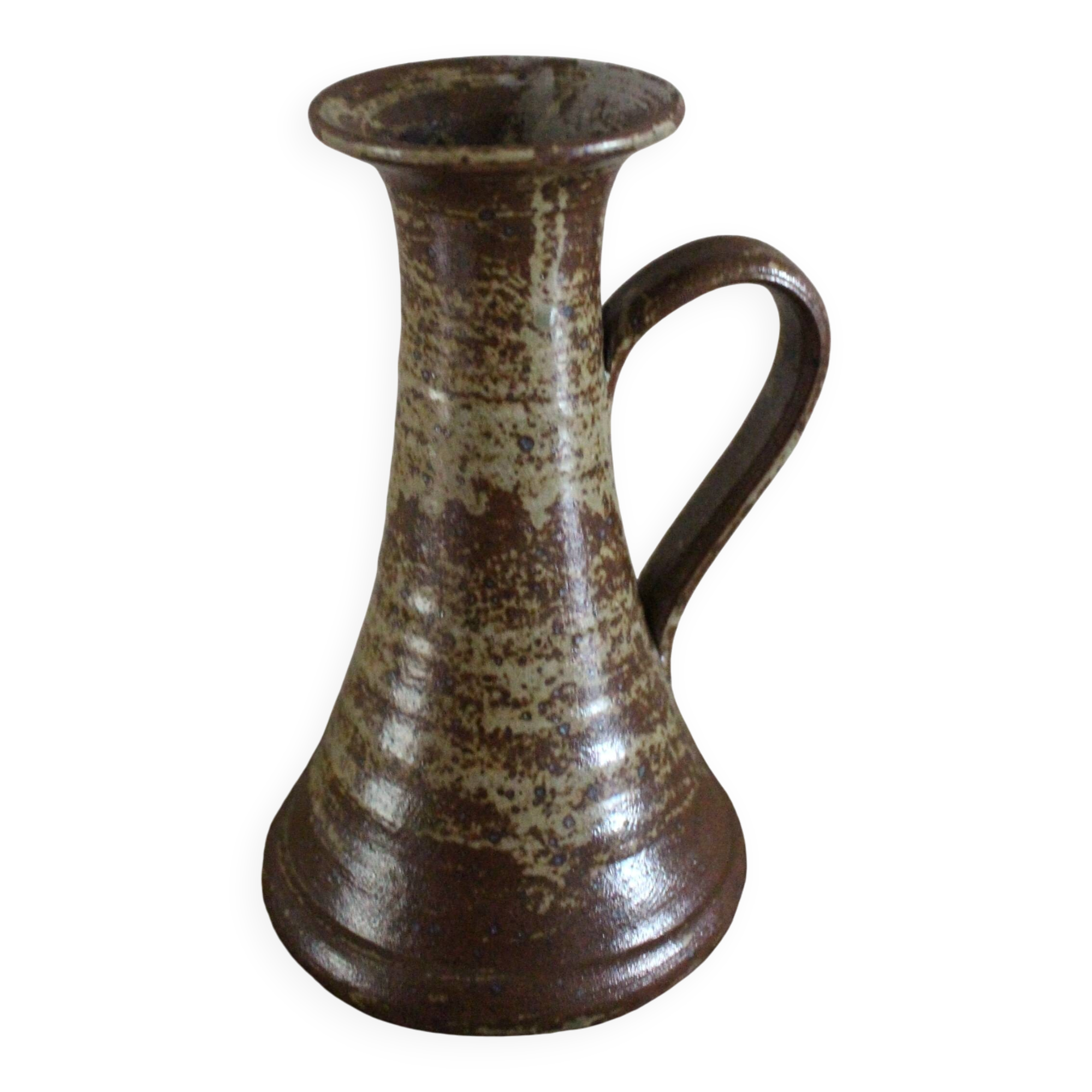 Vintage pyrite-glazed stoneware candlestick with handle