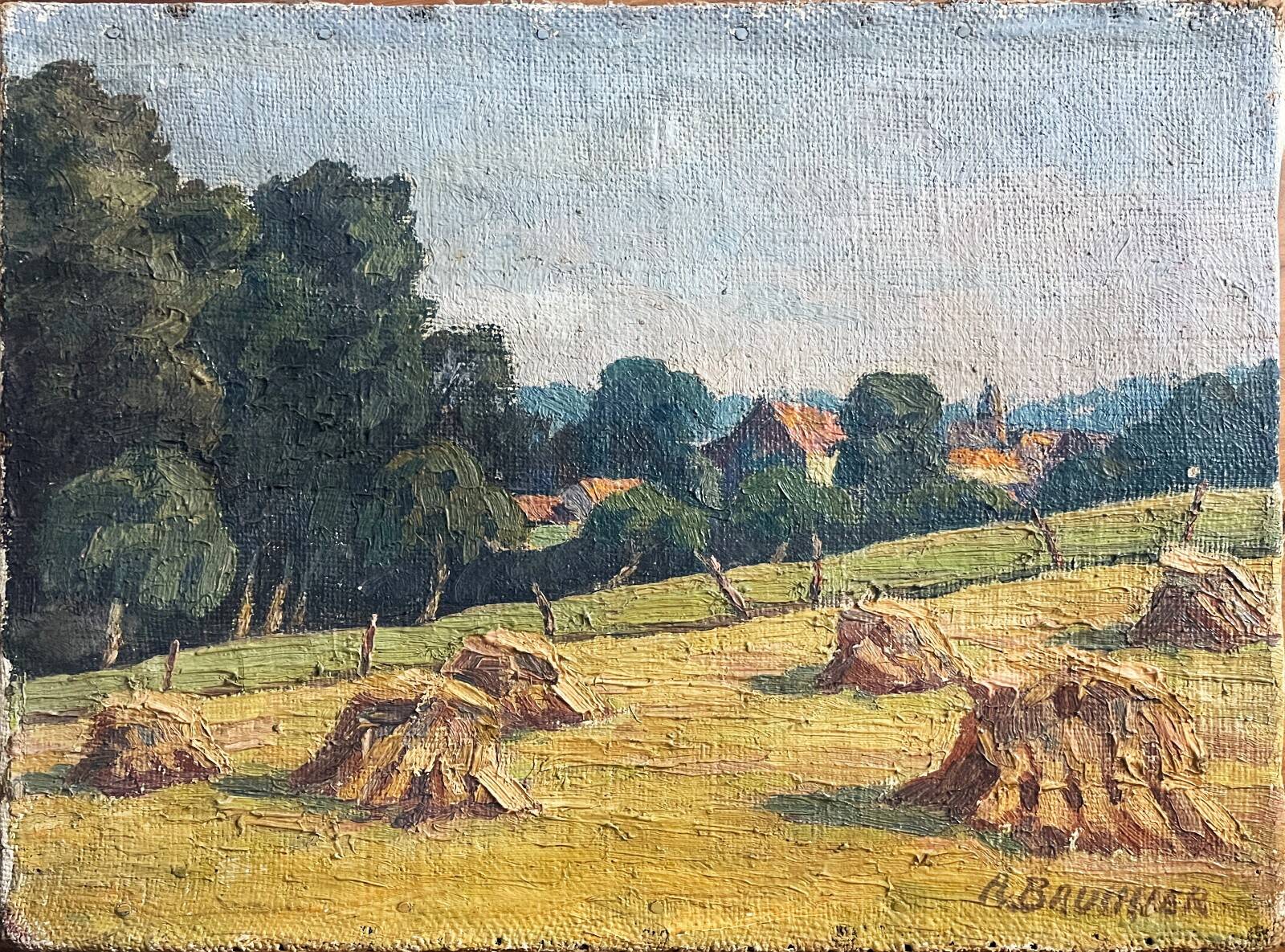 Oil painting on canvas "Landscape with Haystacks and Village" signed Post-Impressionist