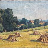 Oil painting on canvas "Landscape with Haystacks and Village" signed Post-Impressionist