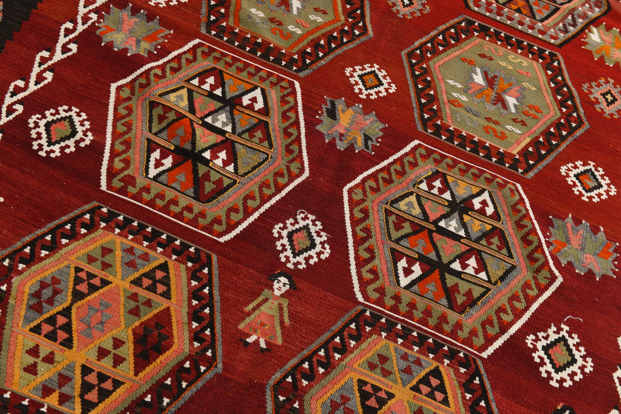 6x15 Wine Red & Green Vintage Kilim Rug, 198x468Cm