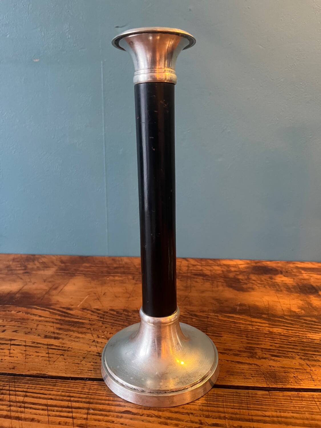 Trio of metal and wood candlesticks from the 80s