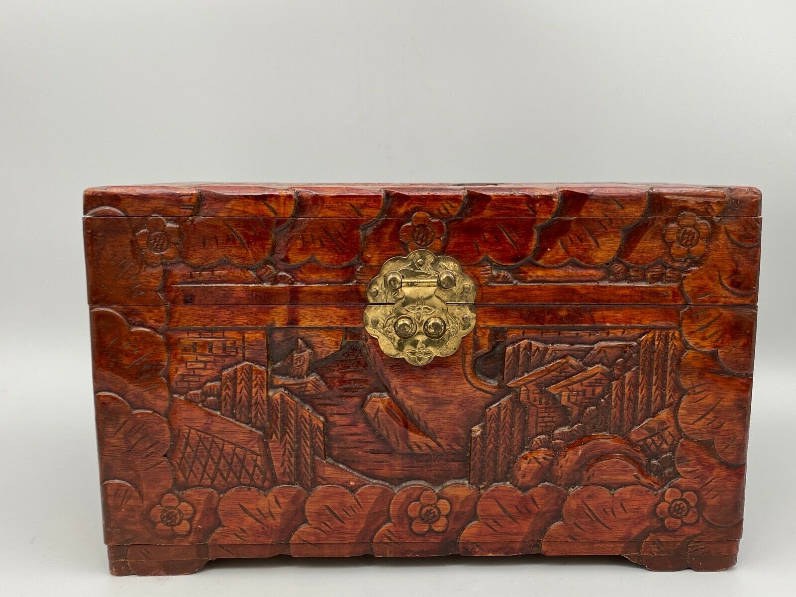 Wooden box carved china pagoda decoration