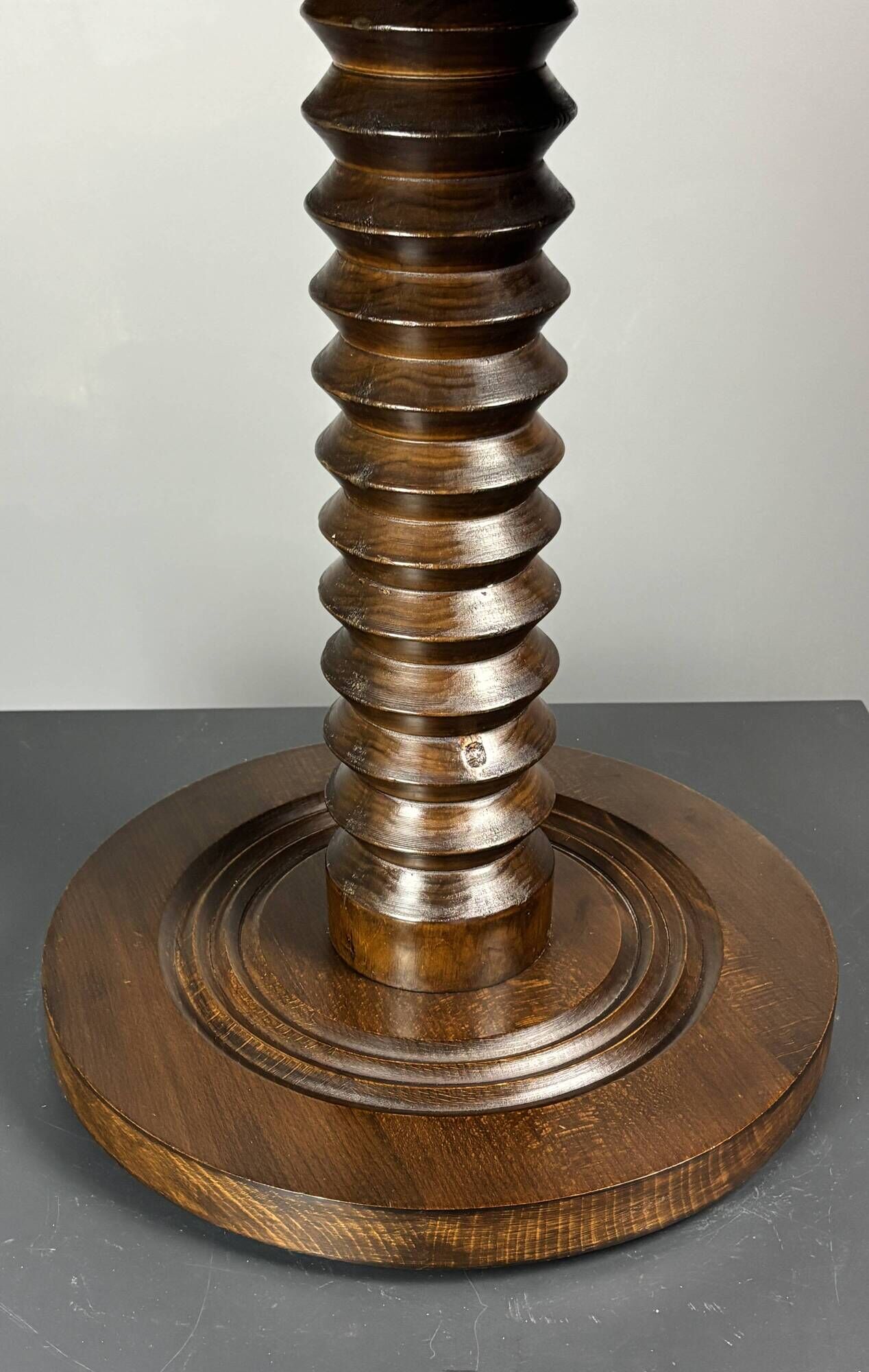 Midcentury brutalist wood turned side table, Charles Dudouyt style, 1950s