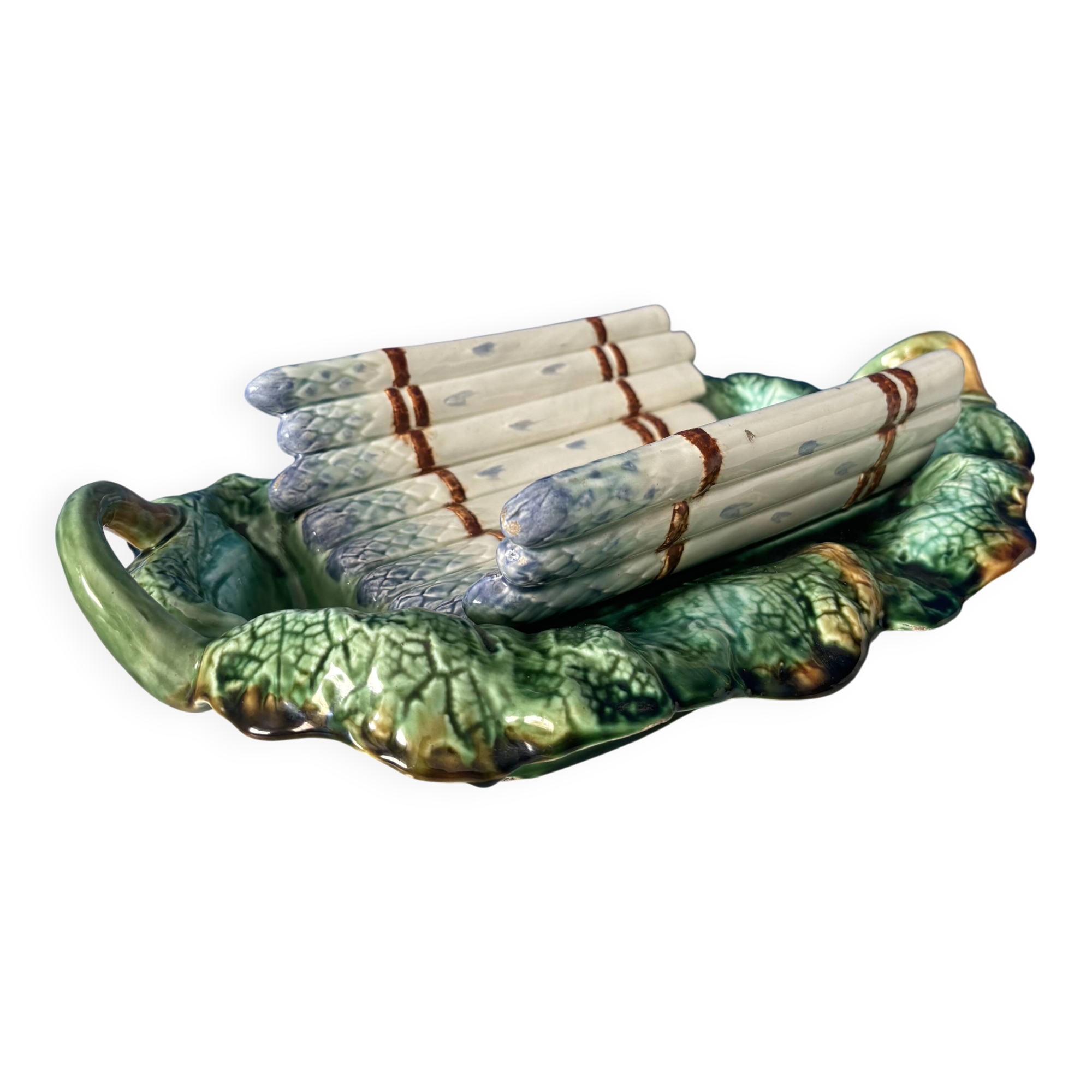 Antique asparagus dish in barbotine – Barbotine serving dish