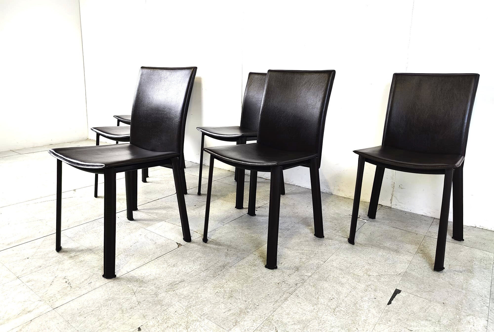 Dark brown leather dining chairs, set of 6 - 1980s