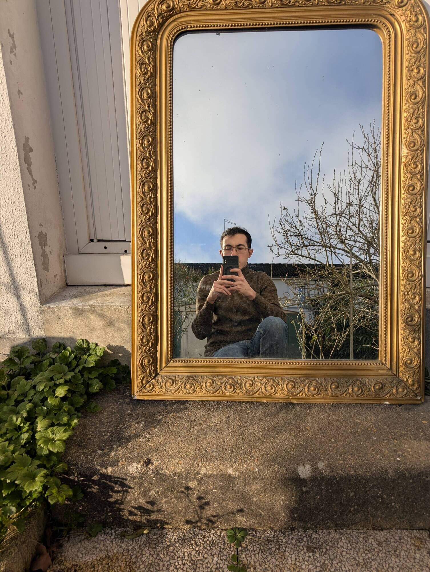 Louis Philippe Mirror 104x73 Wood and Gilded Stucco with Baroque Decor Late 19th Century